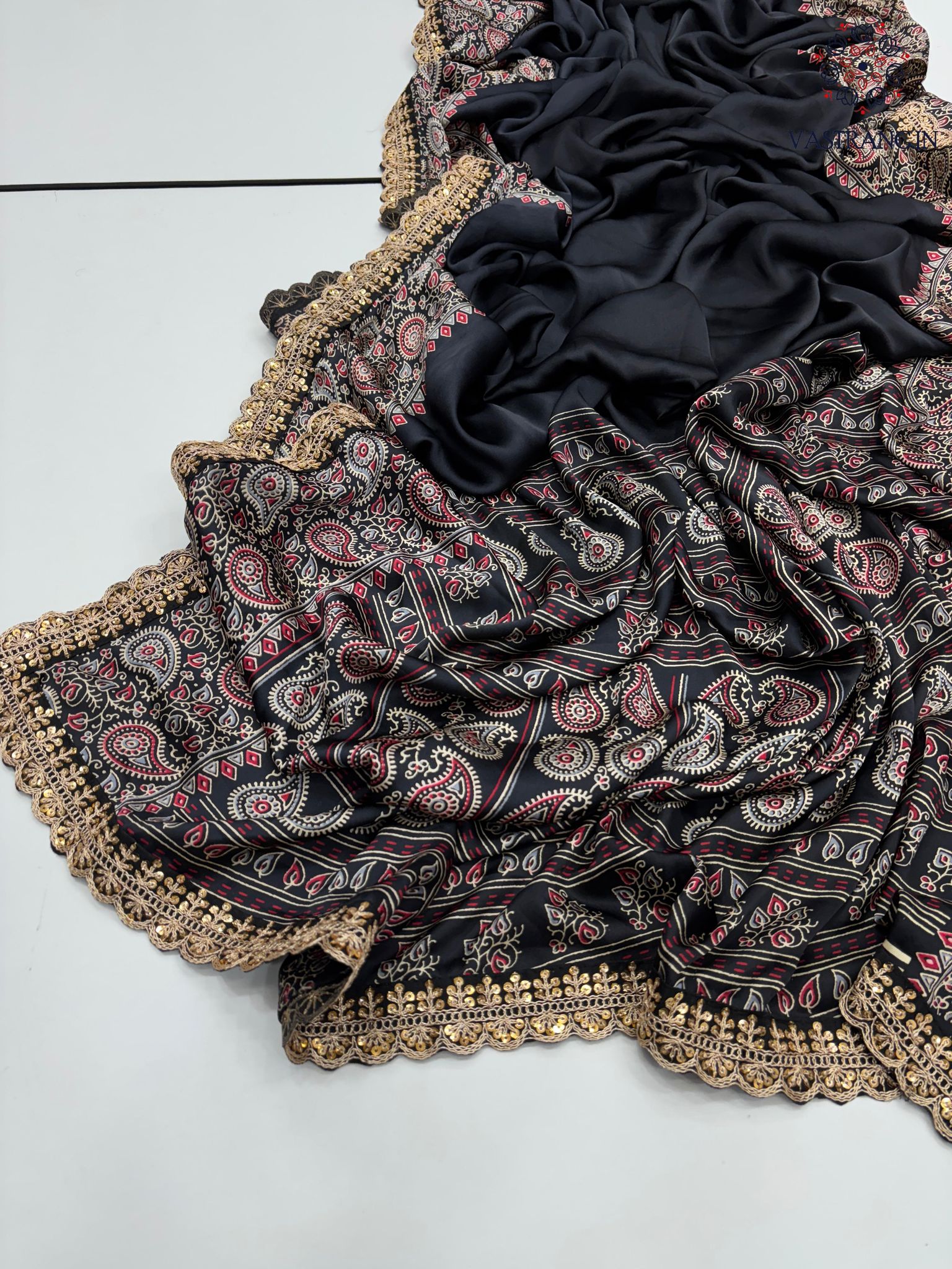 New Function Wear Black Color Pure Satin Silk Ajrak Printed Rich Pallu n Sequence Lace Work Fancy Designer Saree