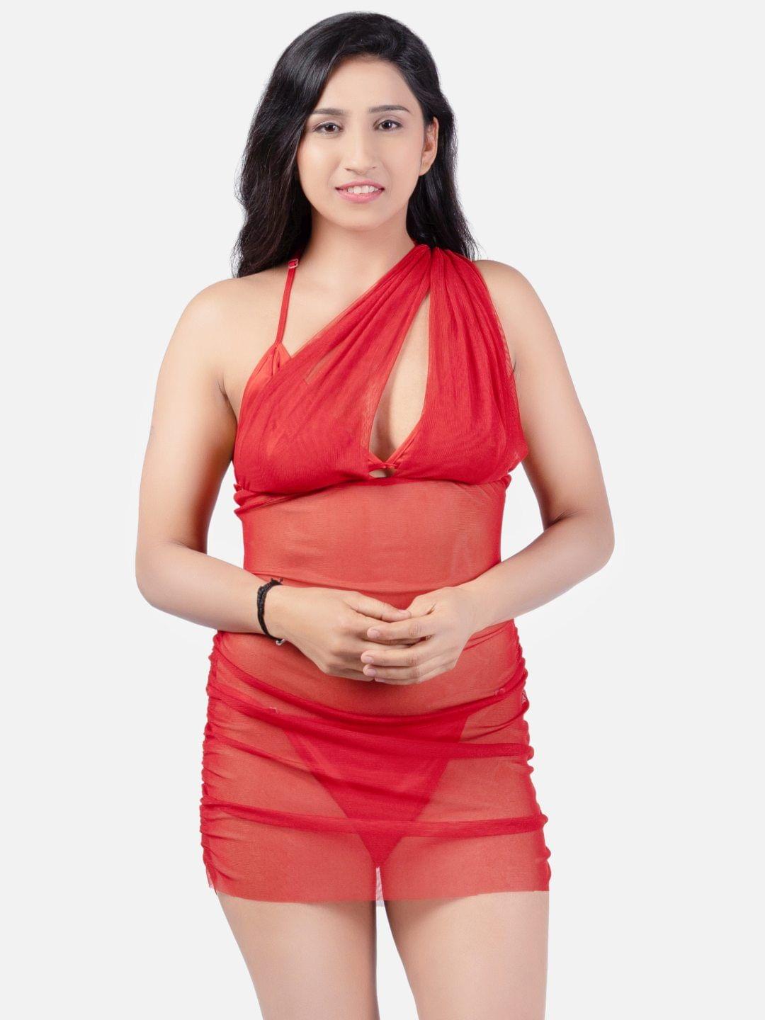 Sheer Net Hot Red Babydoll Bikini Night Dress for Honeymoon K11Rd