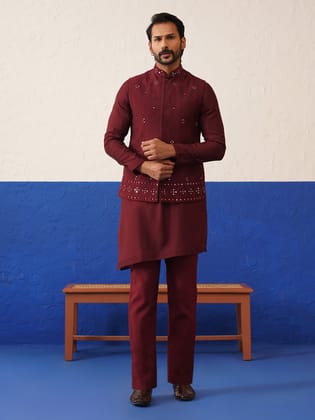 Maroon Mirror Embroidered Jacket Kurta Set-XS/36 / Churidaar Set