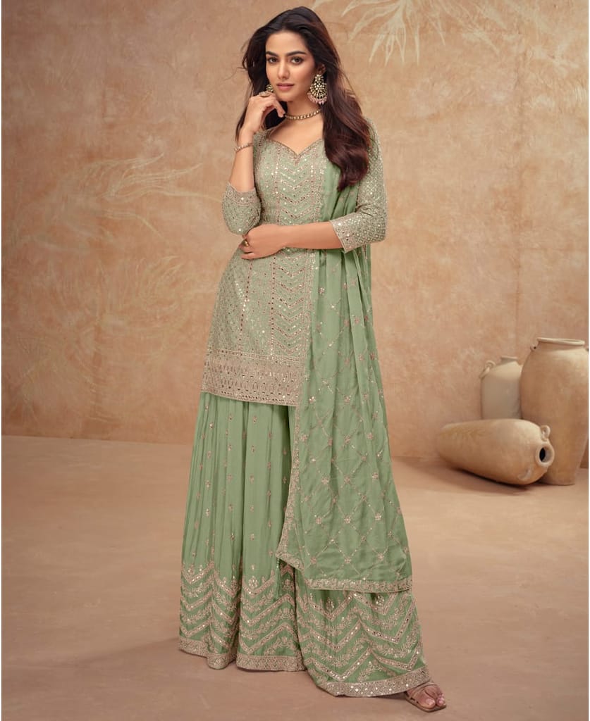 Designer Chinon Palazzo Set for Women – Ethnic Wear (Mint Green)