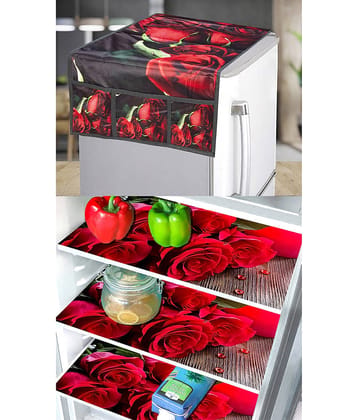 Crosmo Polyester Floral Fridge Mat & Cover ( 99 53 ) Pack of 4 - Red