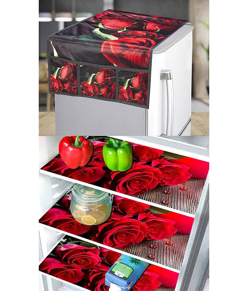 Crosmo Polyester Floral Fridge Mat & Cover ( 99 53 ) Pack of 4 - Red