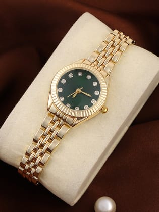 The Slim Ribbed H-Link Round Watch - Emerald Green-Watches