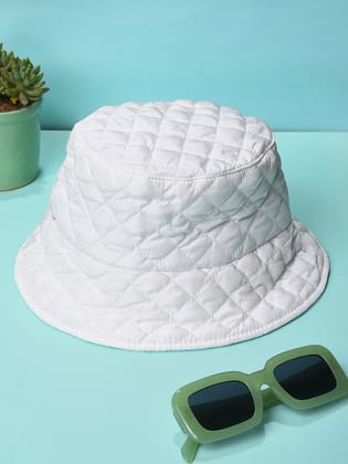 White Solid Quilted Bucket Hat-Hat