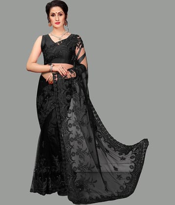 Aika Net Embroidered Saree With Blouse Piece - Black ( Pack of 1 )