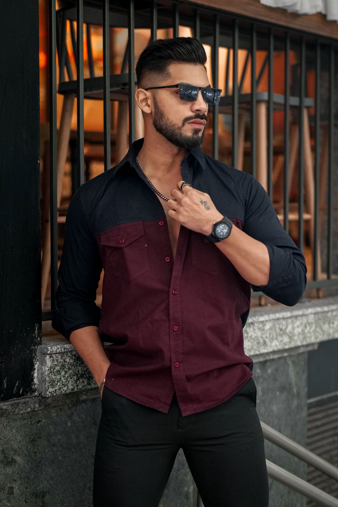 Navy Wine Double Pocket Cotton Designer Shirt