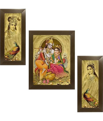 Indianara Set of 3 Radha Krishna Wood Painting With Frame