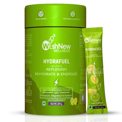 WishNew Wellness HydraFuel: Prime Electrolyte Energy Workout Drink Mix | Get Daily Hydration & Instant Energy Boost | Lemon & Lime Flavor with natural Sweetness| 20 Sachets | Suitable for Men & Women