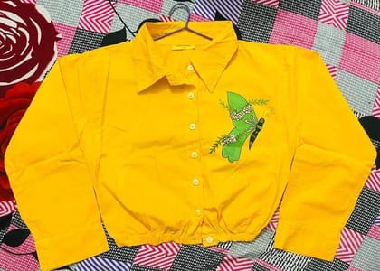 Kajal Creation Women's Full Sleeve Butterfly Print Crop Shirt (Yellow, Size: M) Kajal Creation Women's Full Sleeve Butterfly Print Crop Shirt (Yellow, Size: M)