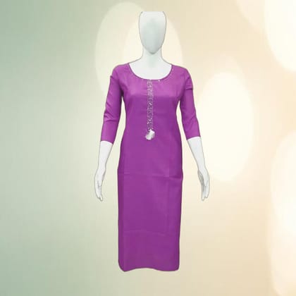 Solid Purple Cotton Kurti (M) | Embellished Neckline | Ethnic Casual
