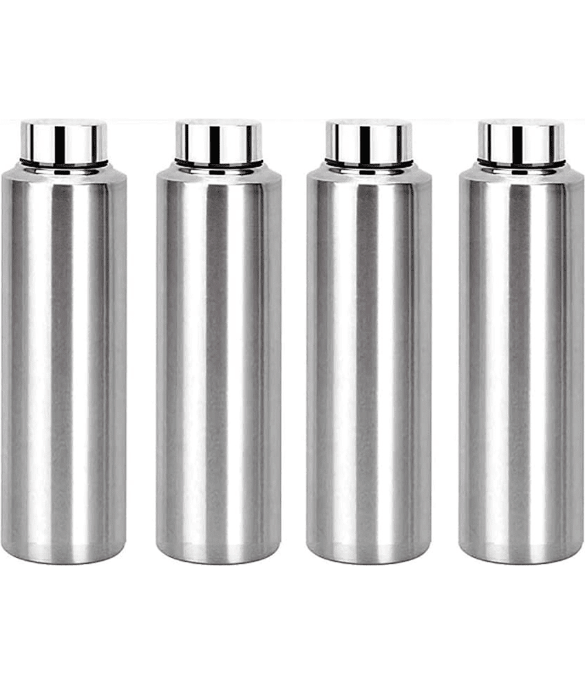 Visaxmi Stainless Steel 1 liter Water Bottle Silver Fridge Water Bottle 1000 mL ( Set of 4 )