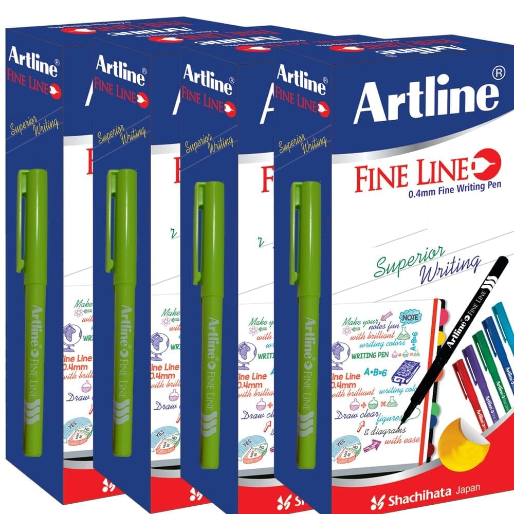 Artline Fine Line Pen Pack of 10 (APPLE GREEN COLOUR) of Box 4 | For Superior Writing by Artists, Designers, and Students