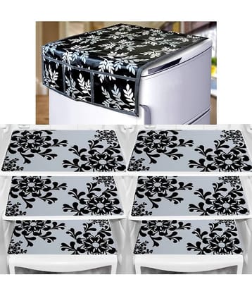 Crosmo Polyester Floral Printed Fridge Mat & Cover ( 64 18 ) Pack of 7 - Black