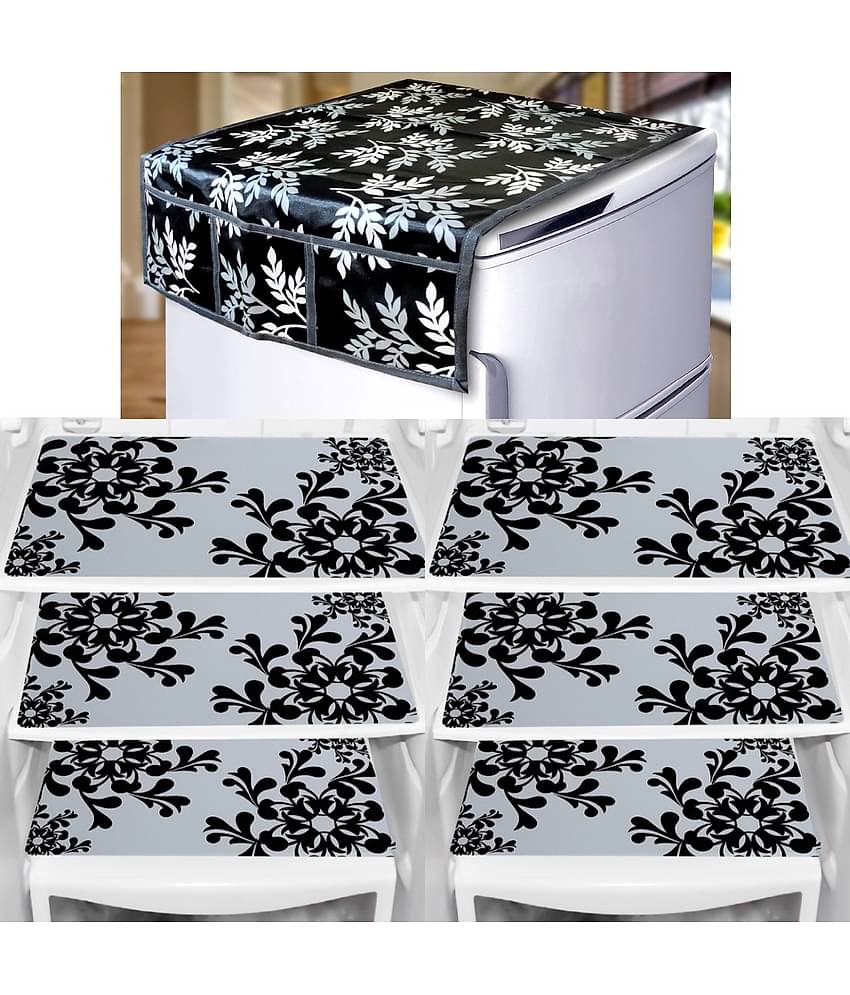 Crosmo Polyester Floral Printed Fridge Mat & Cover ( 64 18 ) Pack of 7 - Black