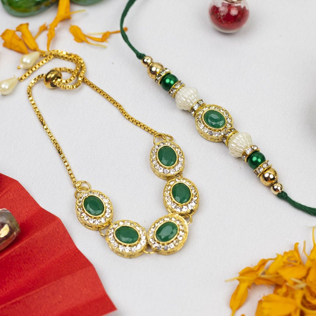 Craftlayout Lumba Green Stone Rakhi For Brother and Bhabhi, Gift Hamper