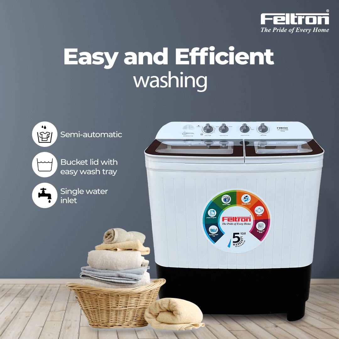 Feltron 8 Kg Semi Automatic Top Load Washing Machine White, Black Transparent Glass Lid