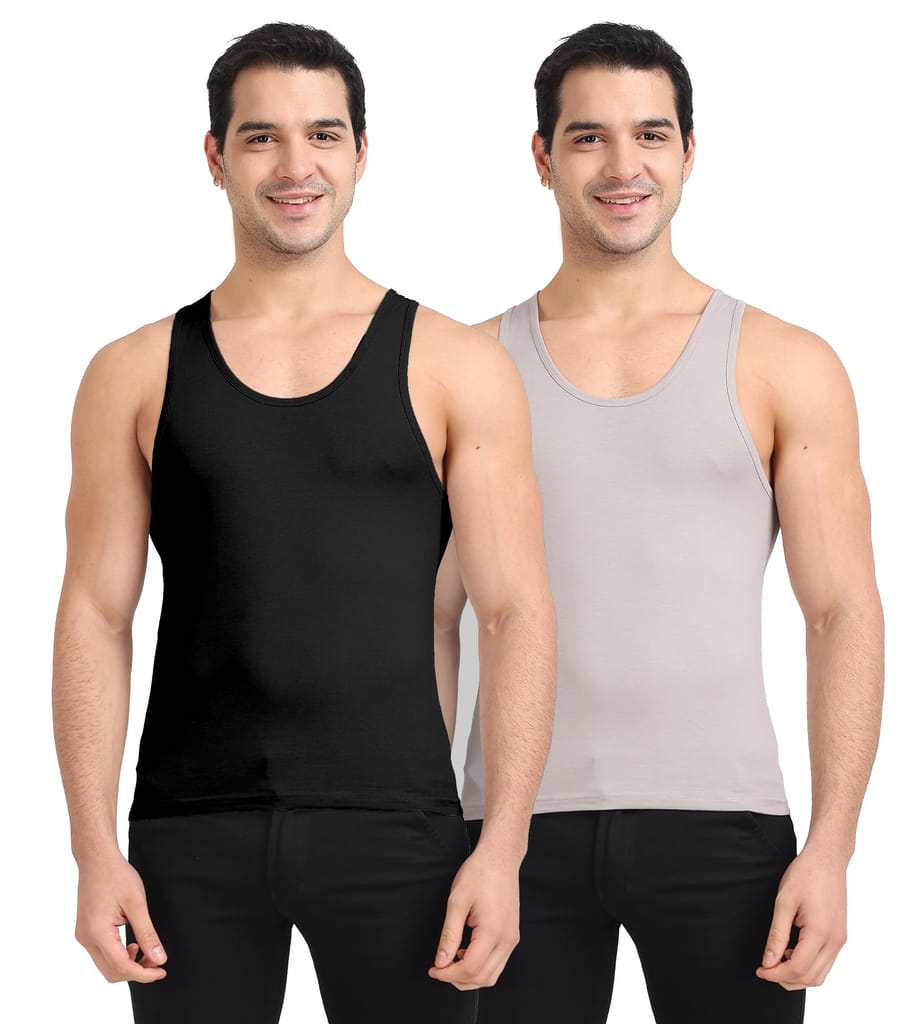 Freecultr Cotton Vest for Men Sleeveless Lightweight Solid Round Neck Comfort Vests Breathable & Comfortable Innerwear Sando for Man Regular Fit Pack of 2-Black,Light Grey