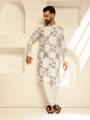 Men's Cotton Silk Floral Embroidered White Kurta With Pyjama-36
