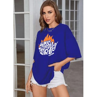 Leotude Blue Printed Cotton Blend Round Neck Half Sleeve T-Shirts For Womens