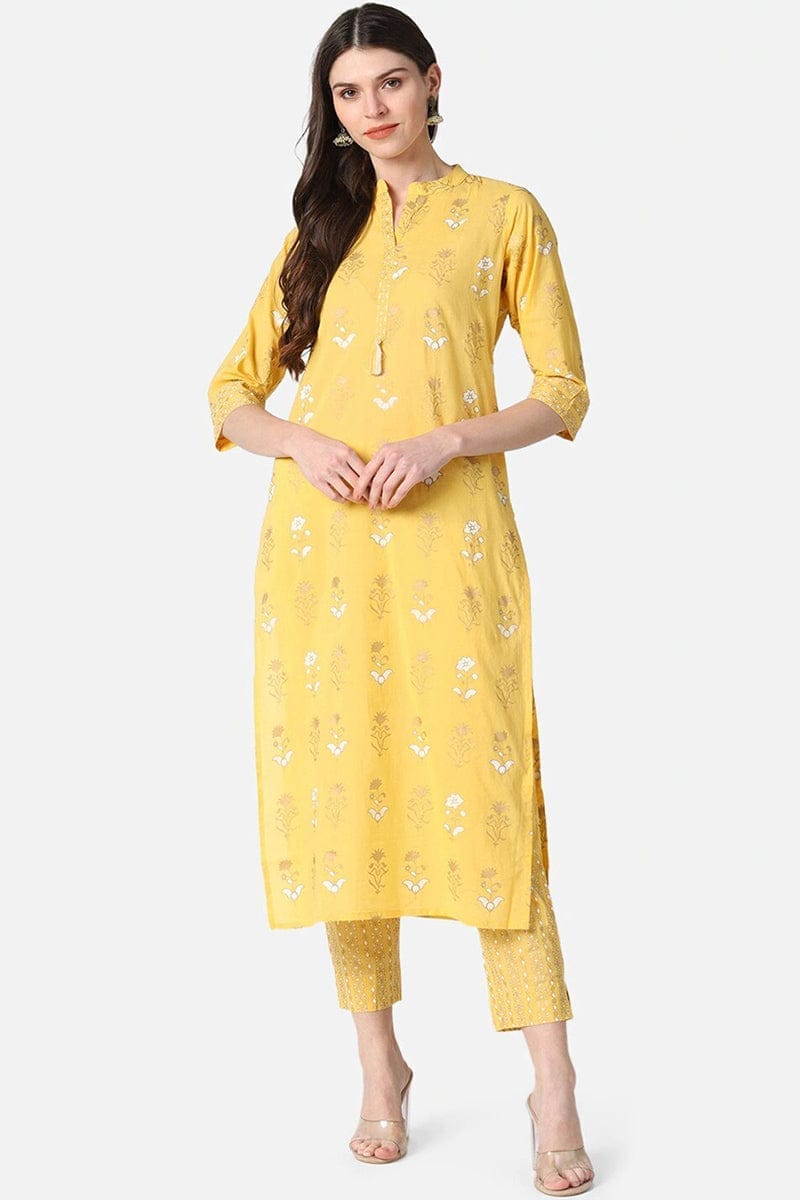 Yellow Pure Cotton Ethnic Motifs Straight Kurta Set VKSET1062