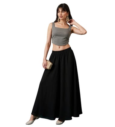 Generic Women's Georgette Solid Mid-Rise Wide Leg Flared Palazzo Pants with Elastic Waist, Ankle Length Trousers for Daily, Office and Casual Wear (Black, L, Pack of 1, Design 67551)