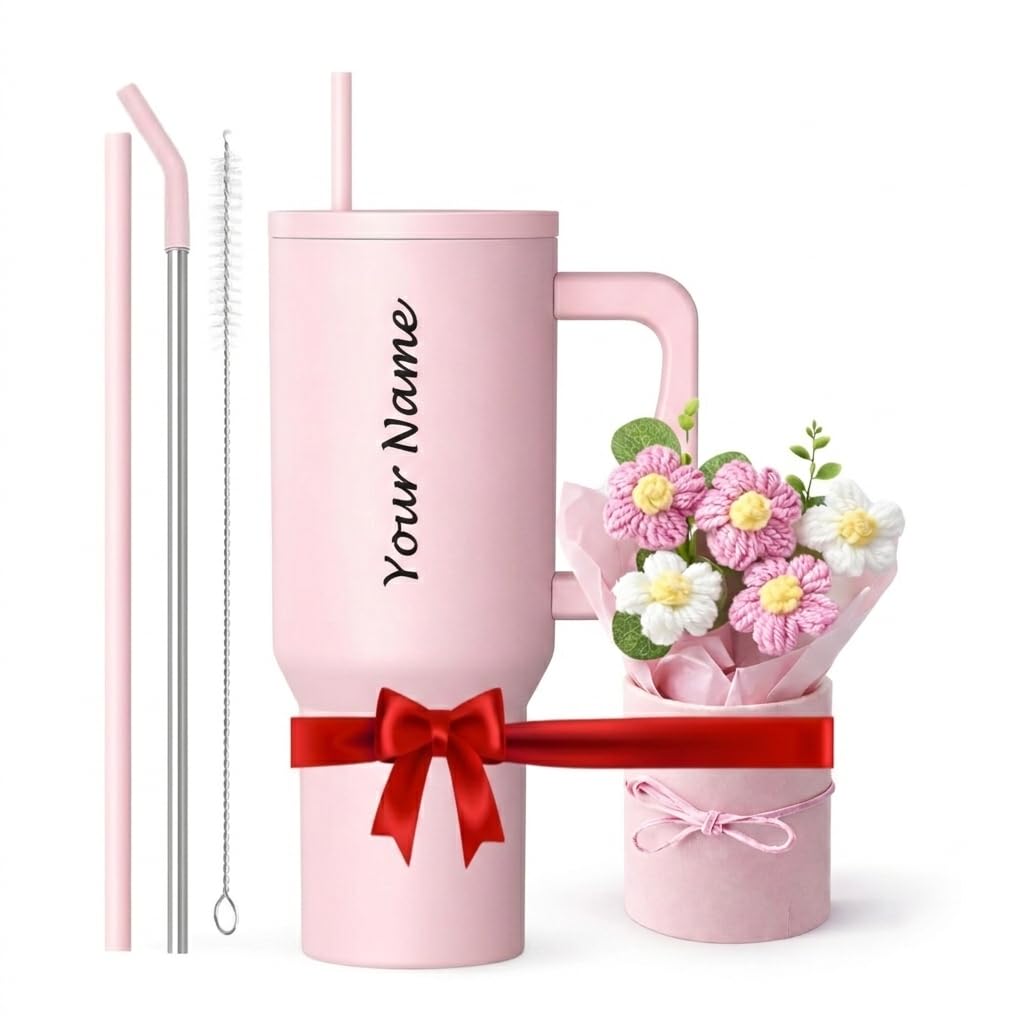 1200ml Steel Tumbler with Straw | Personalized Tumbler + Crochet Flower Bouquet Gift for Birthdays, Weddings, Anniversaries – Gift for Women, Men, and Girls (Pink + Bouquet)