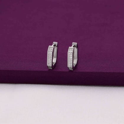 Sparkling Square Silver Hoop Earrings-White Stone / Silver