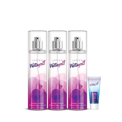 Layer'r Wottagirl Secret Crush Body Spray Perfume For Women- 3 x 60 ml | Wottagirl Face wash 25ml
