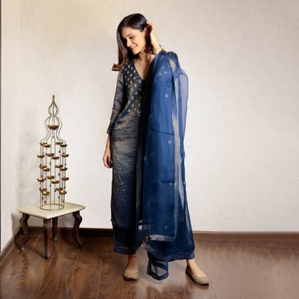 Navy Blue chanderi hand embroidered V-neck kurta set with dupatta-XS