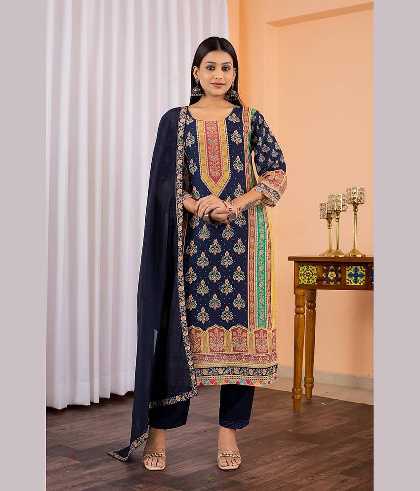 fvd Chanderi Printed Kurti With Pants Women's Stitched Salwar Suit - Blue ( Pack of 1 )