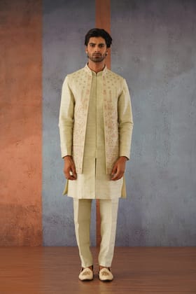 Kylian - Mehandi Green Mirror Work Open Long Jacket Kurta Set-XS/34
