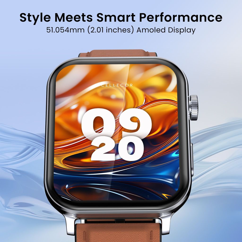 CELLECOR M9 Pro Blaze, 2.01" Amoled Display with Rotating Crown, Voice Assistance, Advanced Chipset, BT Calling, Fast Charge, 100+ Sports Mode & Watch Faces, Upto 5 Day Battery, IP67 (Brown)
