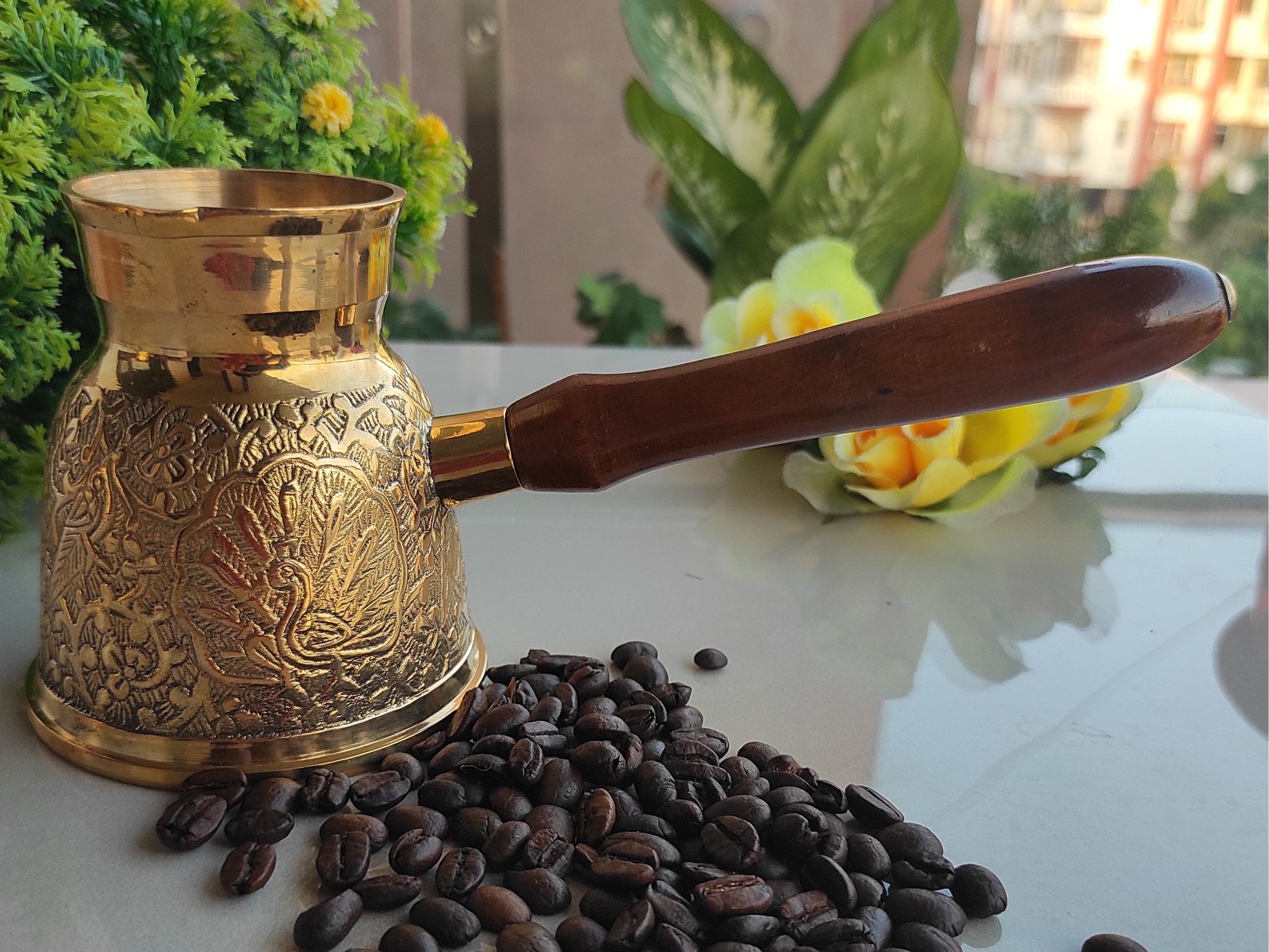 Handmade Pure Brass Turkish Kettle Mug with Wooden Handle, Coffee Tea Mug Pourer, Peacock Design-430ml