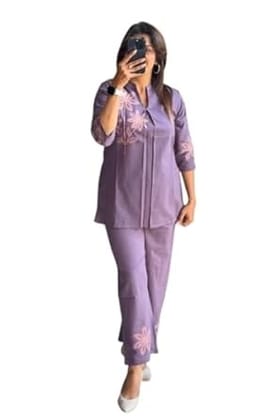 Womens Stunning Cotton Co Ord Set With Fearures A Chik Pleated Top Delicate Hand Work omen's with Pleated Top and Floral Embroidery Lavender