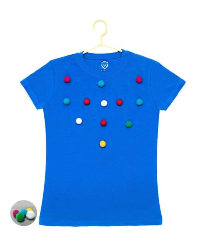 Girl's Casual Short Sleeve Pom Pom Balls Cotton T Shirt (Royal Blue, 9-10-Yrs)-PID49323