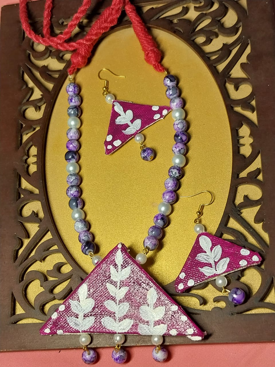 Handmade Handpainted Jewellery with Glass Beads On Canvas Base  Including Hanging Earrings