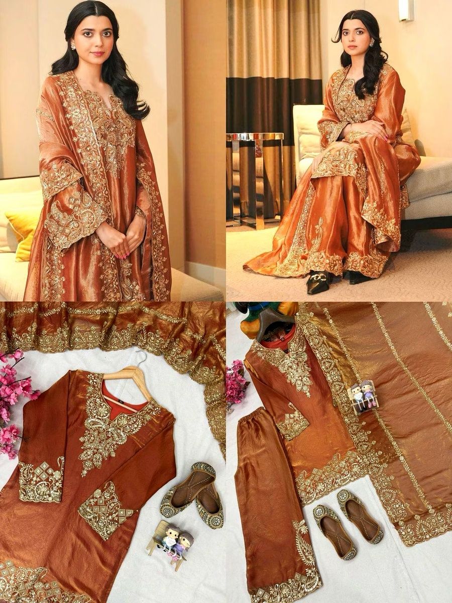 Shiv Textiles Women's Brown Fendi Silk Suit Set Size L with Sequence Work Party Wear Ethnic Ensemble Stylish Designer Ready to Wear Traditional Indian Fashion Outfit