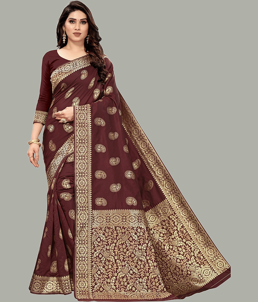 GARIYA Banarasi Silk Embellished Saree With Unstitched Blouse Piece ( Maroon )
