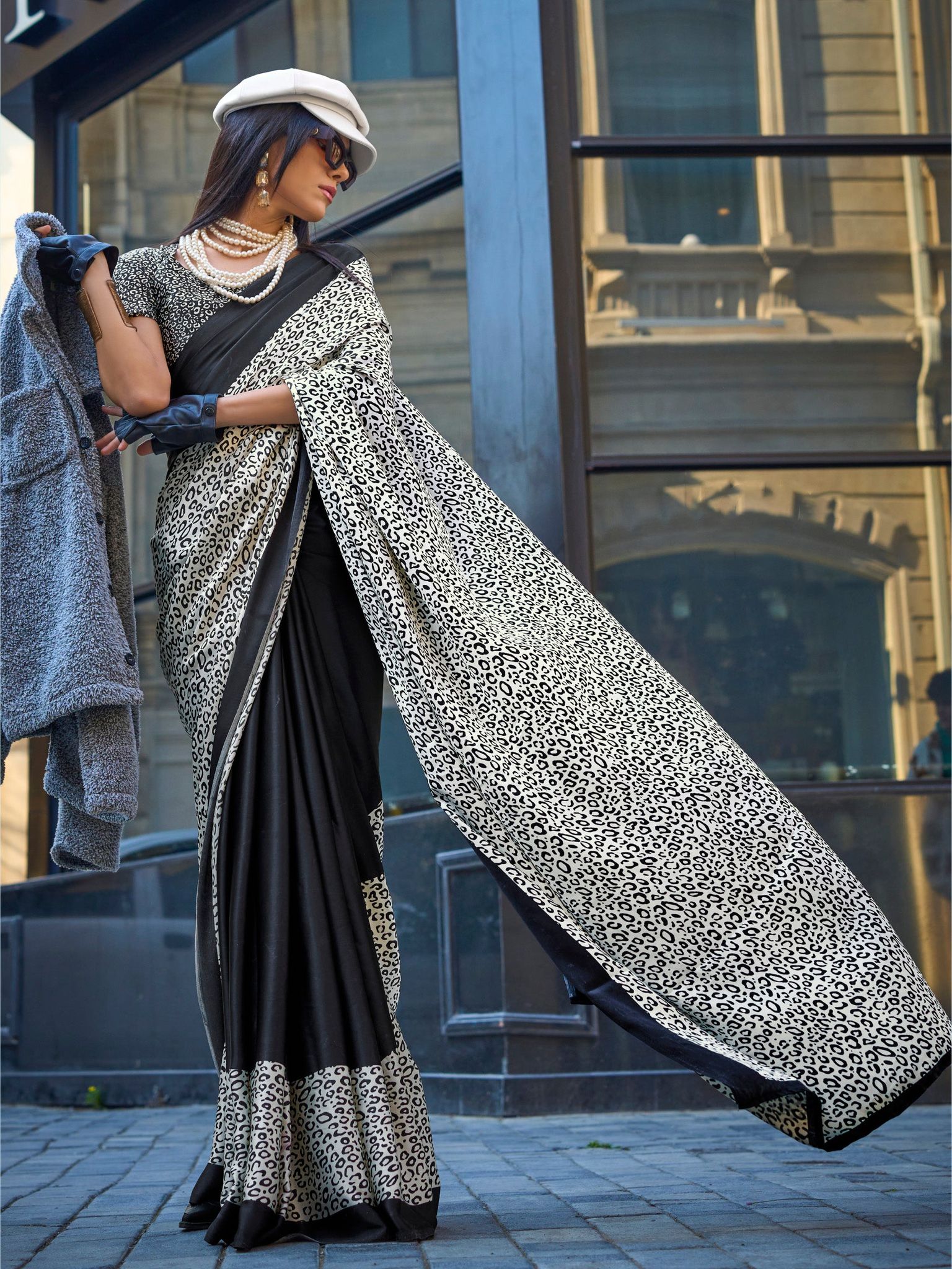 Black & White Pure Satin Crepe Digital Printed Bollywood Saree