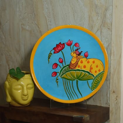 Hand-painted Cow and Lotus Pichwai Wooden Wall Plate - 10'