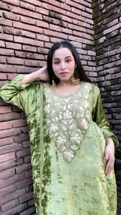 Heavy Embroidered Pure Makhmal Pista Green Phiran-Salwar and Shoes