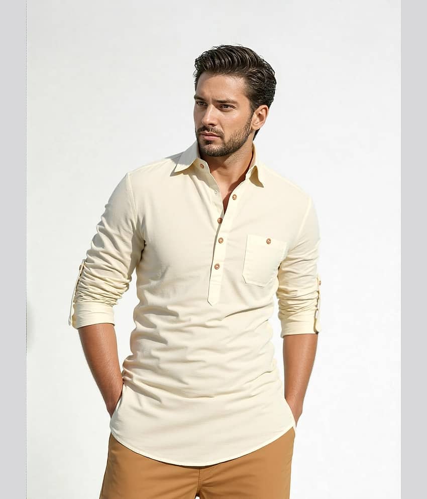 UNI VIBE Cotton Blend Plain Shirt Style Kurta For Men ( Beige )
