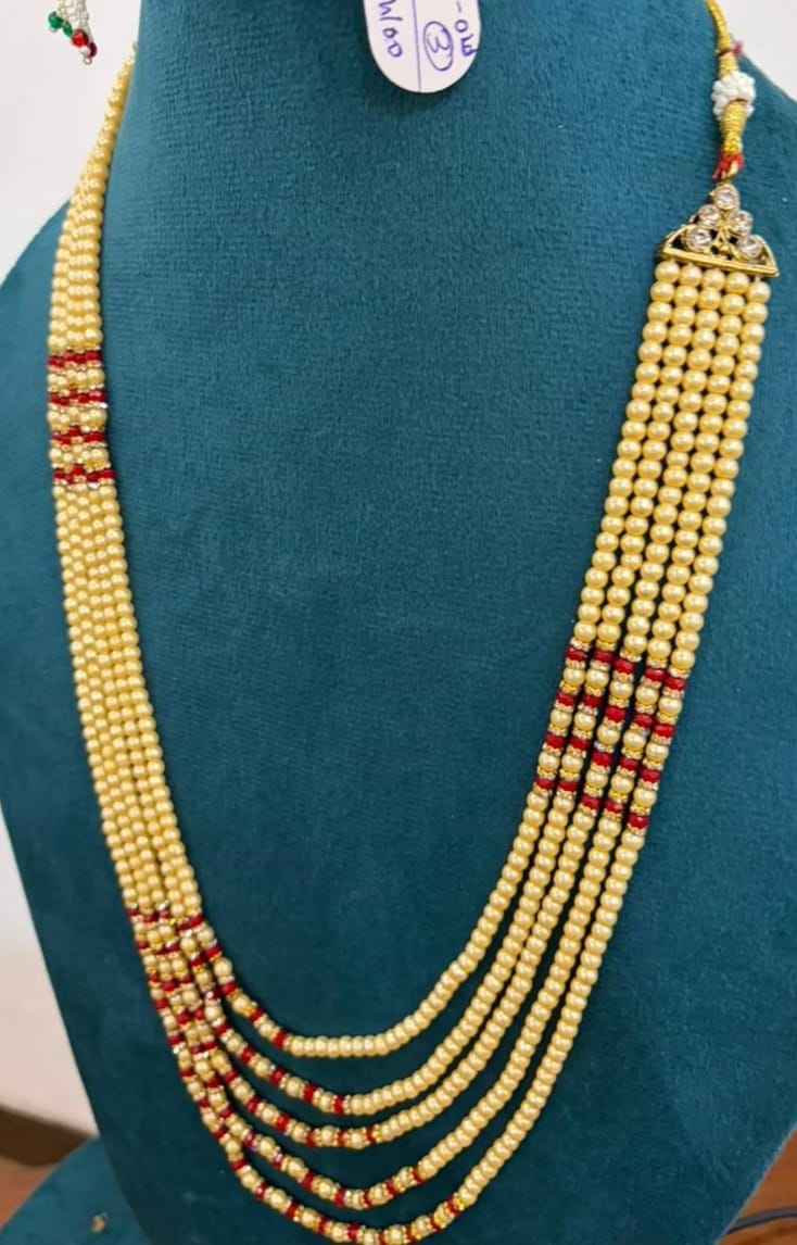 traditional gold-plated beaded moti pearl neckalce style haar with red thread accents