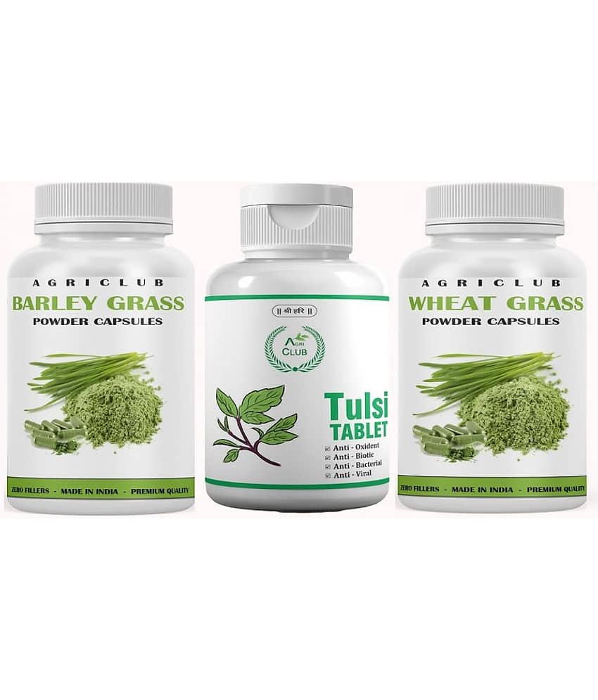 Agri Club Barley Grass Capsule 60pcs, Wheat Grass Capsule 60pcs, Tulsi Tablet 60pcs, (Pack of 3)