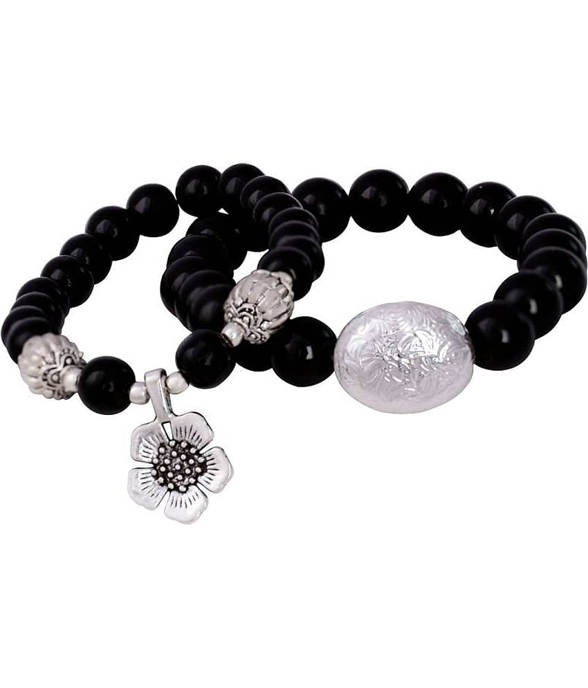 Black Onyx Stone with Silver Flower Charm and Black Onyx Stone with Silver Bead Handmade Stretchable Couple Bracelet