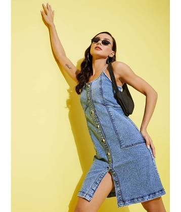 StyleStone Women Denim Self Design Shift Dress ( Navy )