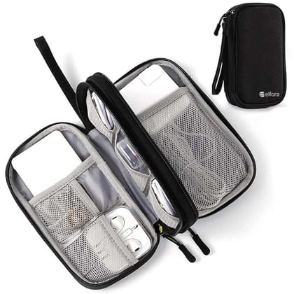 Elfora Cable Organizer Pouch | Travel Organiser Bag | Double Layer Storage for USB Cables, Chargers, Earphone, Power Bank, Hard disc & Other Accessories | Durable Nylon Case with Mesh Pockets (Black) Black