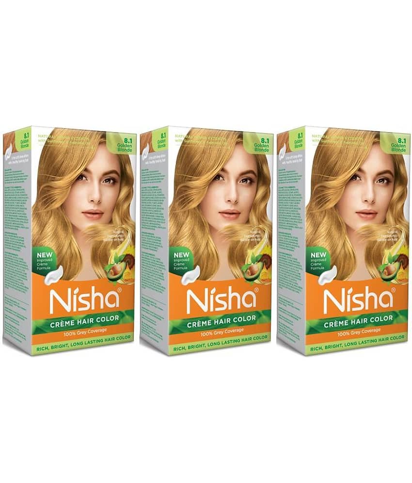 Nisha Creme Hair Color 8.1 Golden Blonde 120g Pack of 3, Permanent Hair Colour for Women & Men, Long Lasting Hair Color