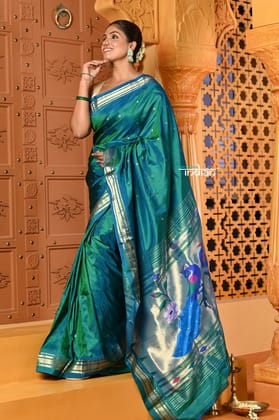 Shubh ~ Handloom Pure Silk Paithani Saree with Traditional Peacock Pallu ~ Crescent Blue