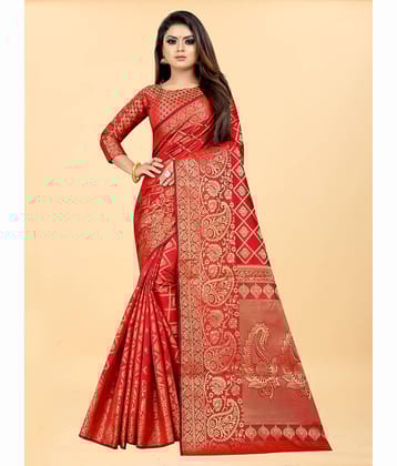 Gazal Fashions Banarasi Silk Embellished Saree With Unstitched Blouse Piece ( Red )
